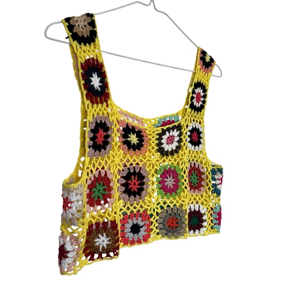 VTG Crochet Granny Square Crop Tank Top Multicolor Boho Festival Size Small - Picture 3 of 6
